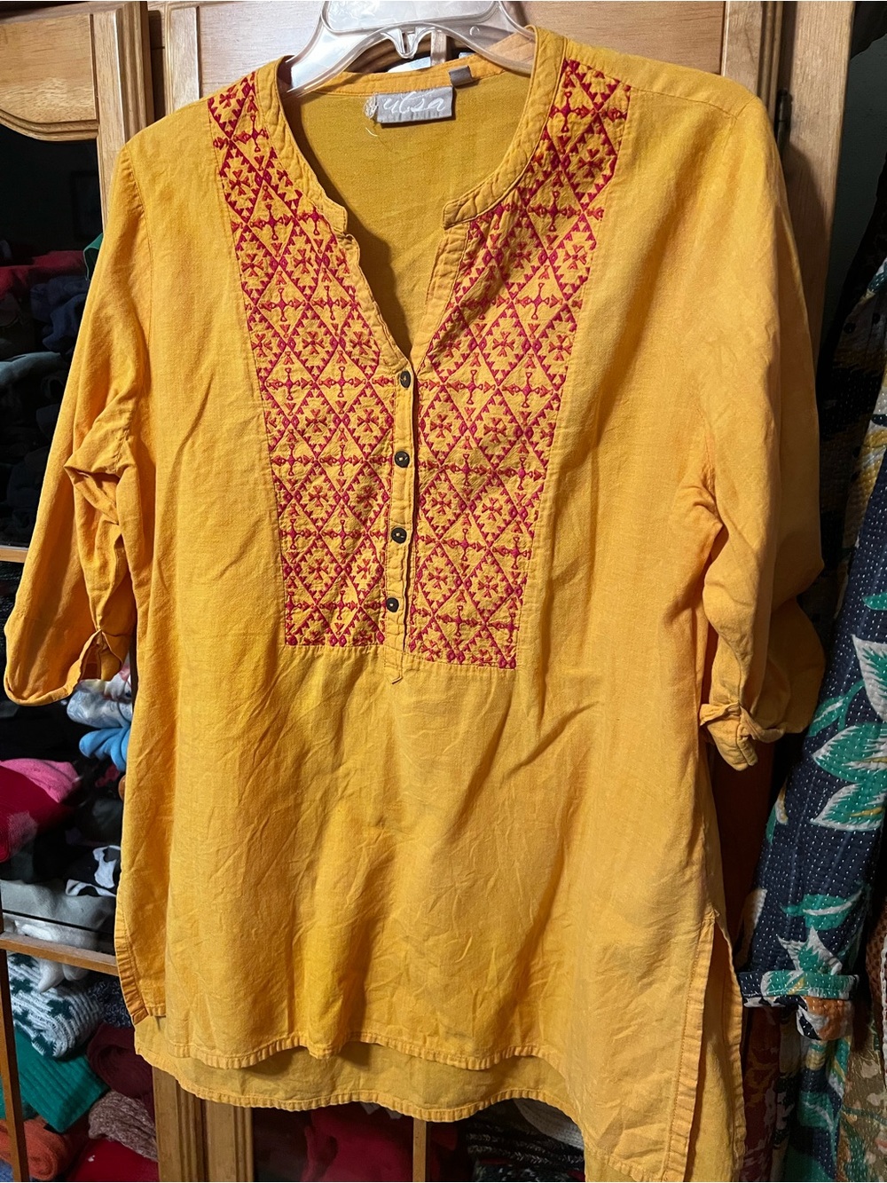 LSA Mustard Yellow Tunic with Red Embroidered Placket